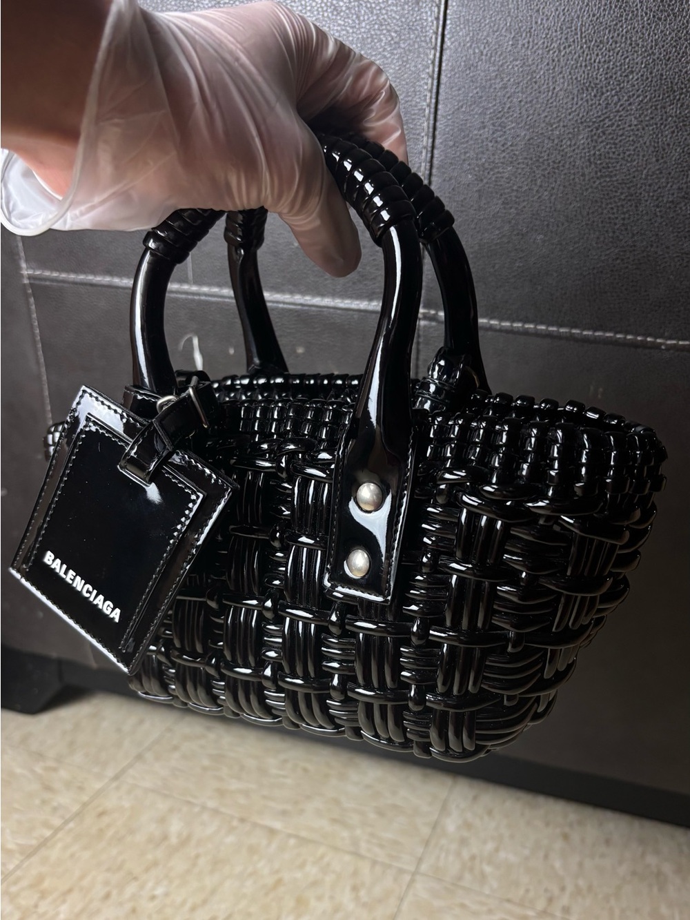 Balenciaga Black Braided Mini Top Handle Bag for Women, Silver Hardware